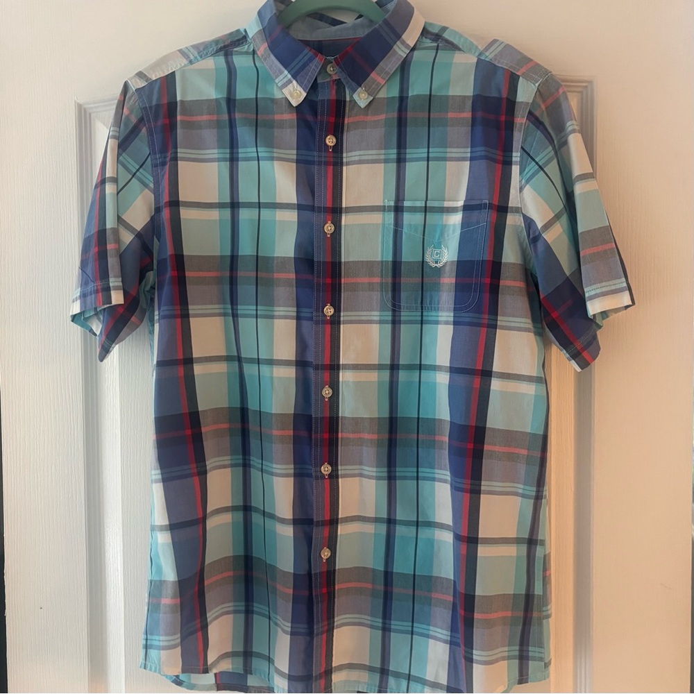 Chaps Short-Sleeve Plaid Button-Down Shirt in Blue & Teal